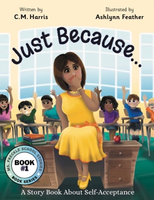 Book cover of 'Just Because' with a teacher and students in a classroom setting