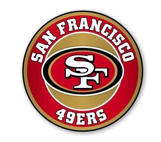 Round San Francisco 49ers logo decal or patch on a white background, featuring the team's red, gold, black, and white colors.