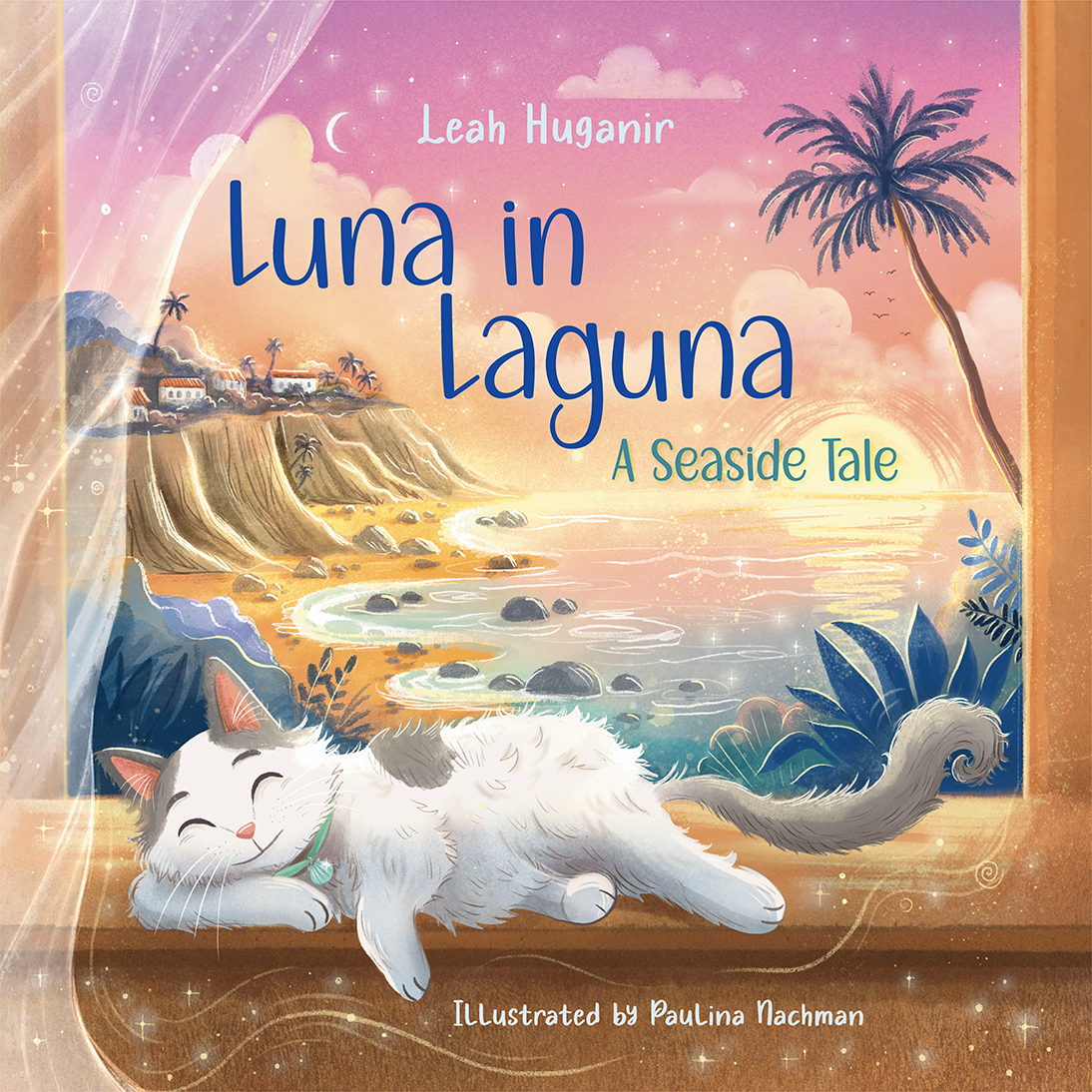Book cover of 'Luna in Laguna: A Seaside Tale' with a cat and beach scene illustration.