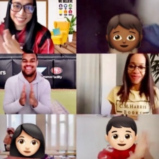 A 3x2 grid collage of six video call screenshots showing people waving, with two additional emoji-style faces replacing some of the real people. The scenes include indoor backgrounds, clothing details, and logos in the background.