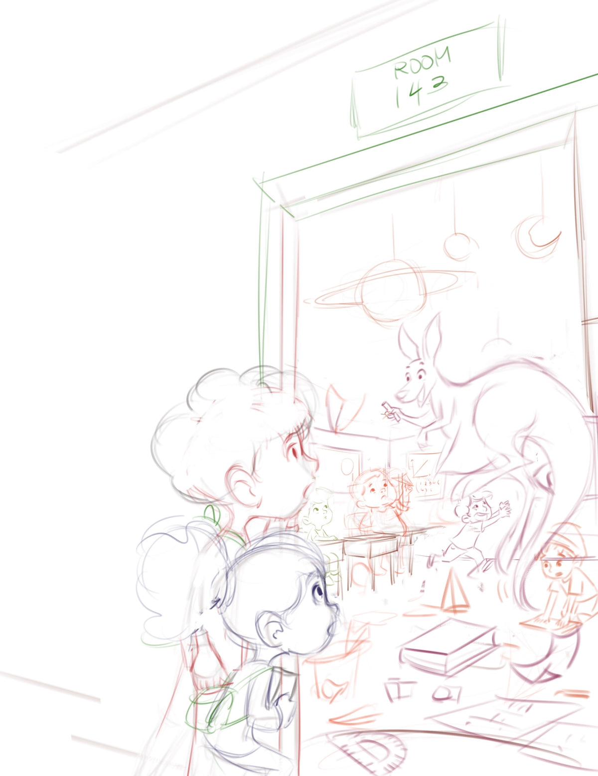 A hand-drawn concept sketch showing two children looking at a large kangaroo character in a room labeled 'ROOM 143', rendered in faint red, green, and blue pencil lines on a white background.
