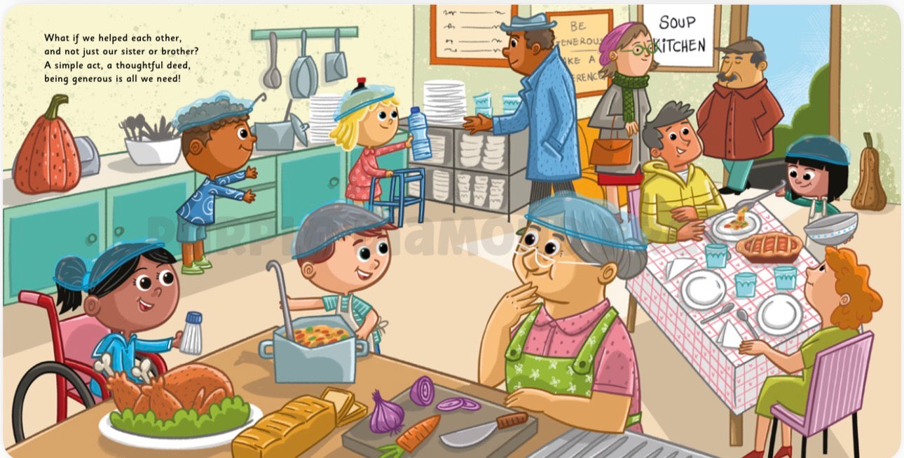 Illustration of a soup kitchen scene with people serving and eating food.