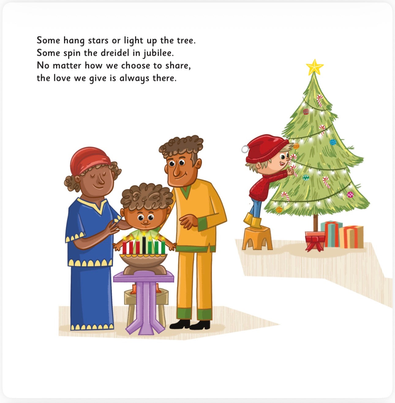 Illustration of a family celebrating Hanukkah and Christmas together, with a decorated tree and menorah.