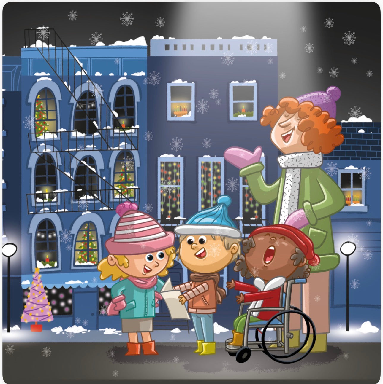 Illustration of children in winter clothing with a building in the background