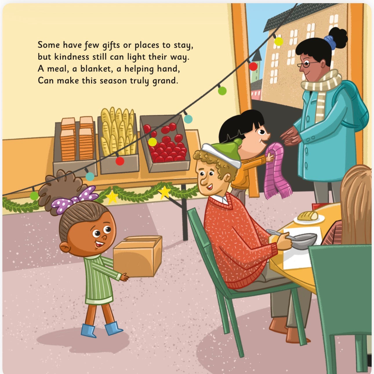 Illustration of a child giving a gift to another child at a table, with text about kindness and generosity.