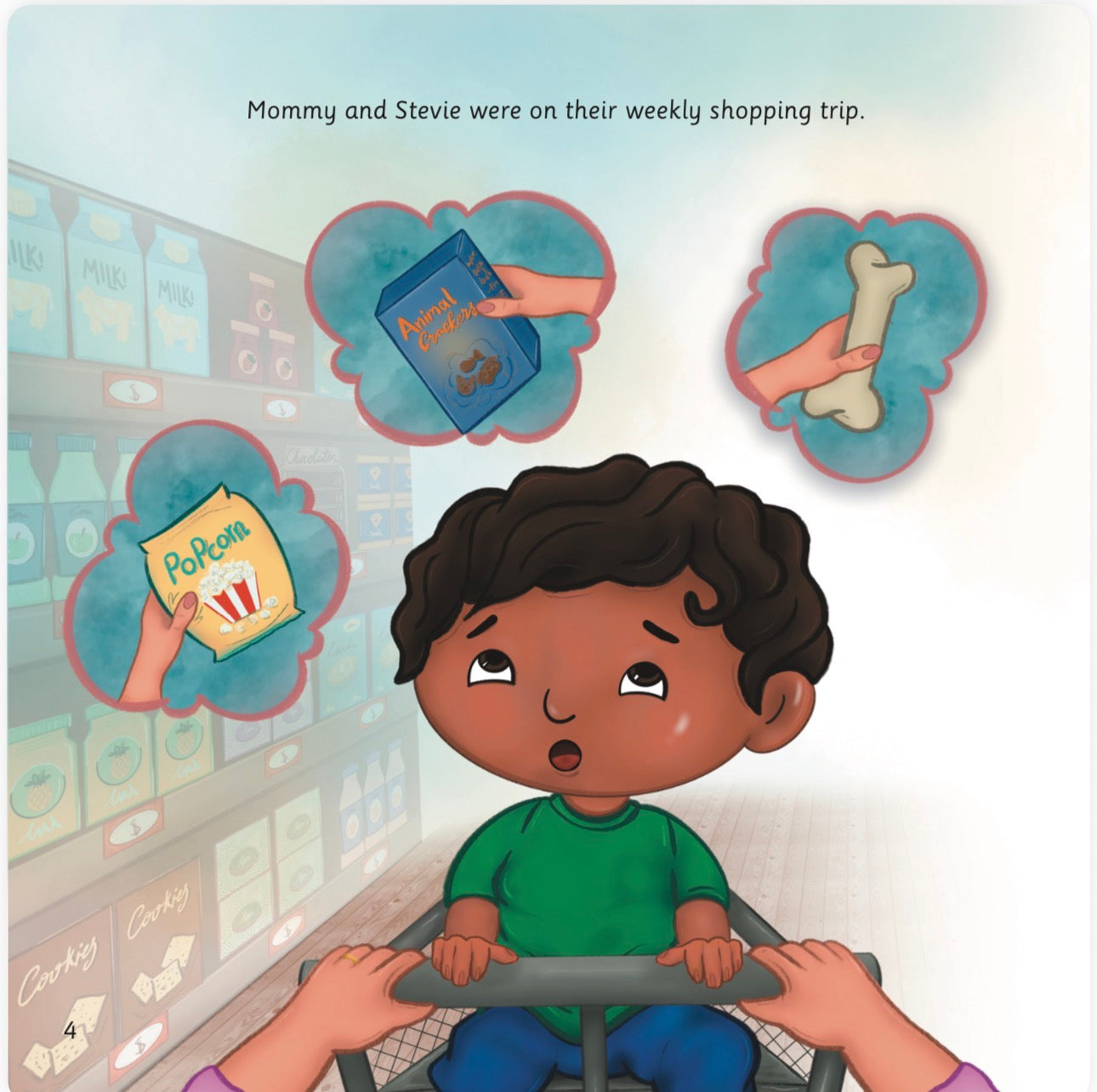 Illustration of a child in a shopping cart with thought bubbles showing items, set in a grocery store.