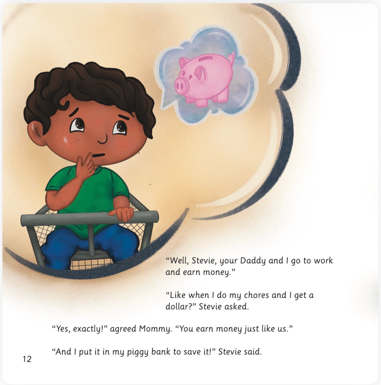 Illustration from a children's book showing a child with a thought bubble of a piggy bank.