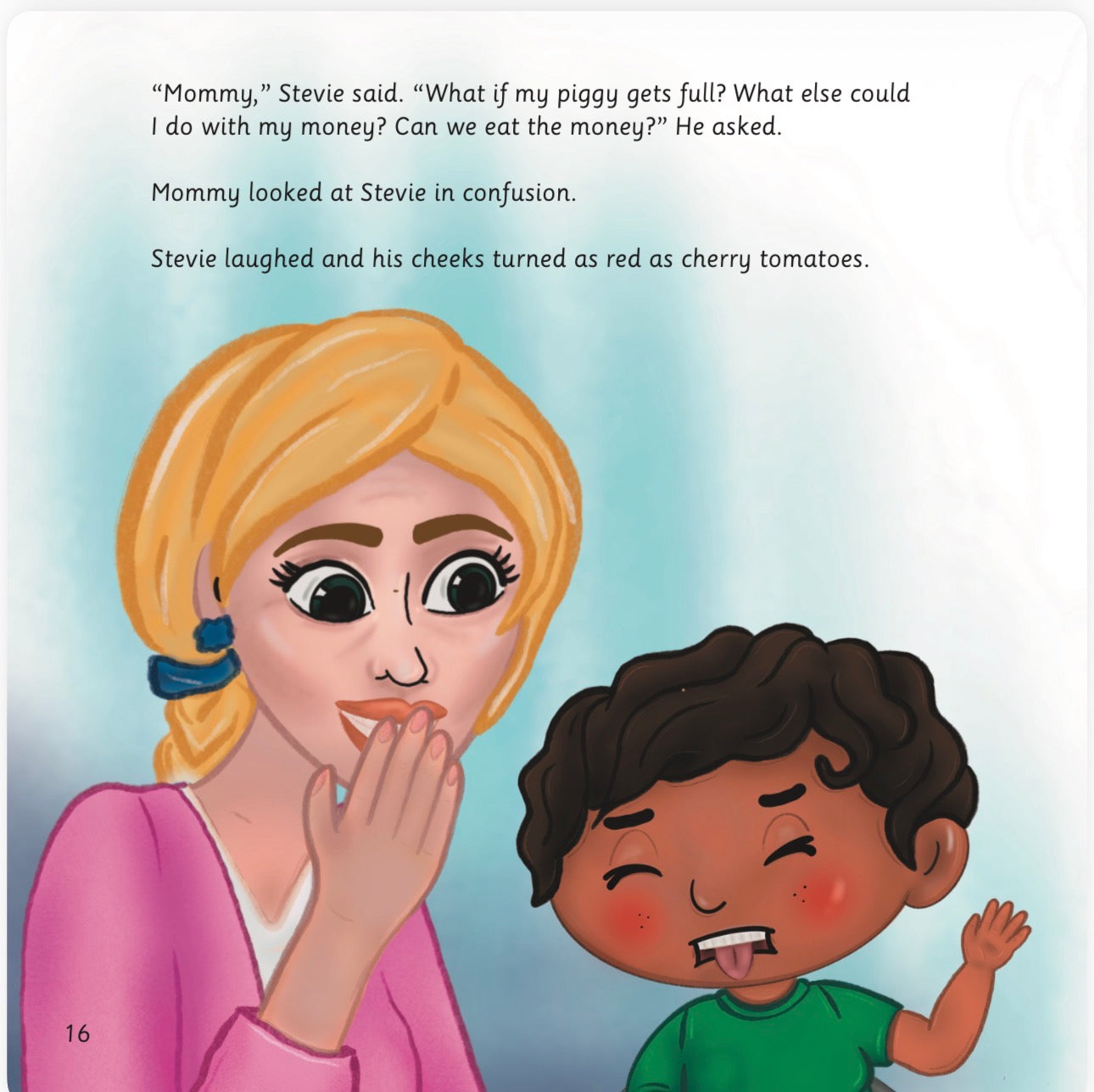 Illustration of a mother and child from a children's book, with text about money and piggy banks.
