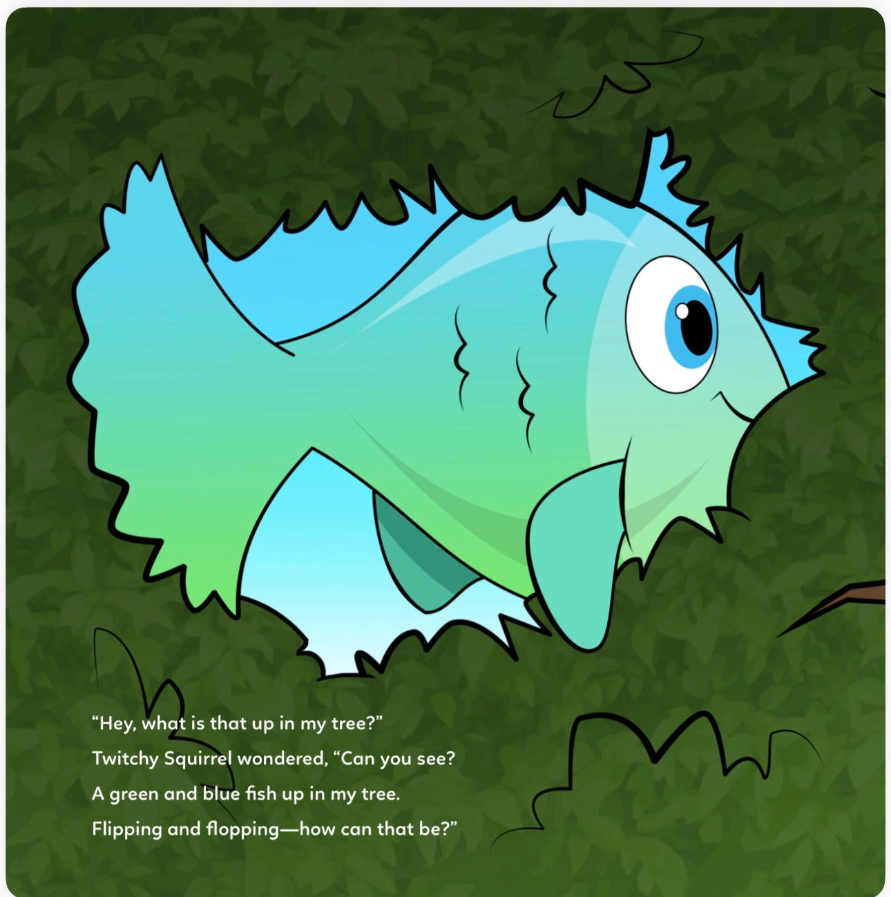 Cartoon fish with gradient colors on a green background