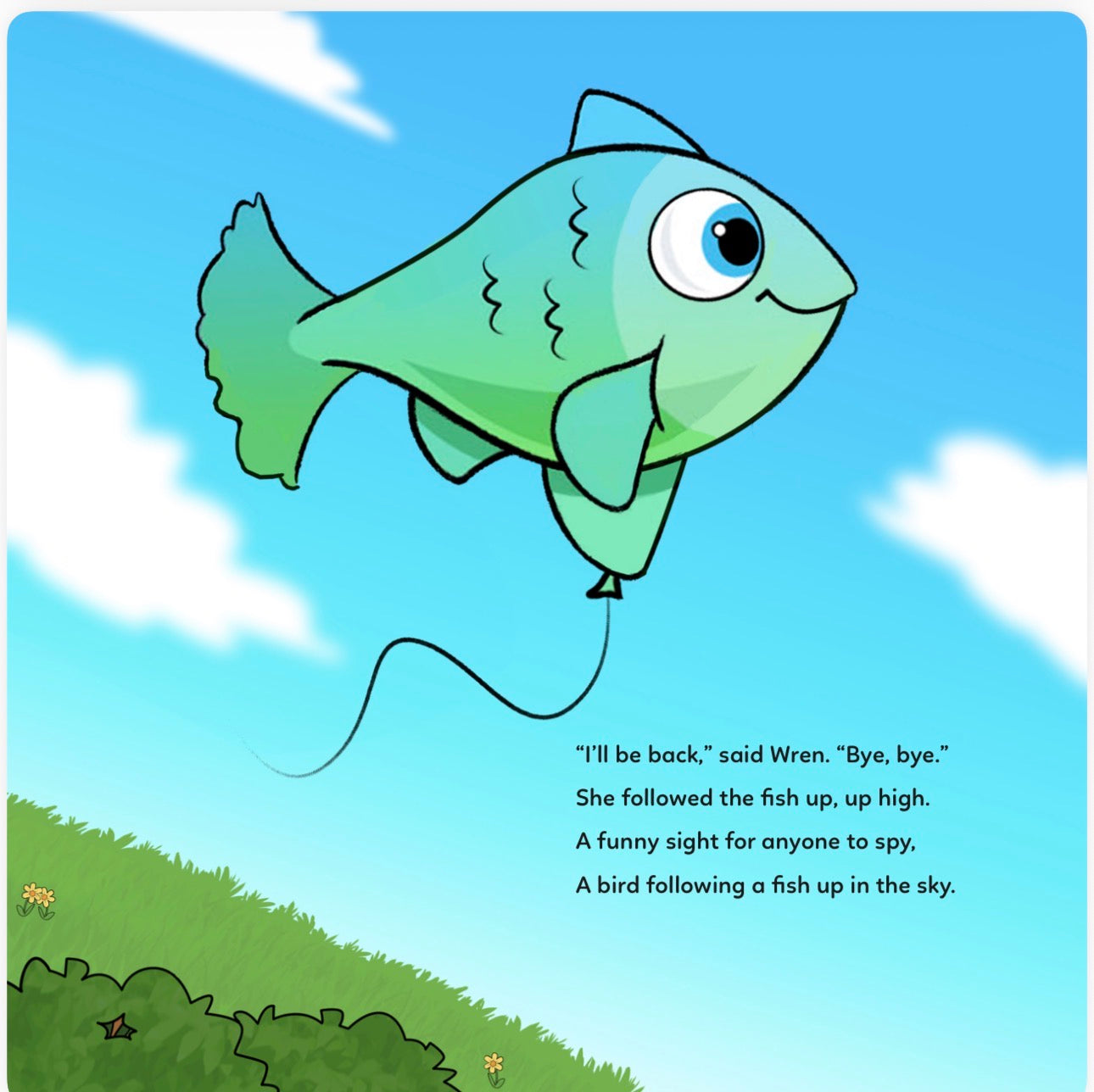 Cartoon fish kite flying in the sky with a grassy field and blue sky background.