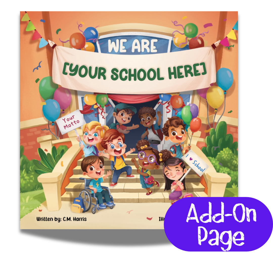 Book cover with children on steps and 'We Are [Your School Here]' banner