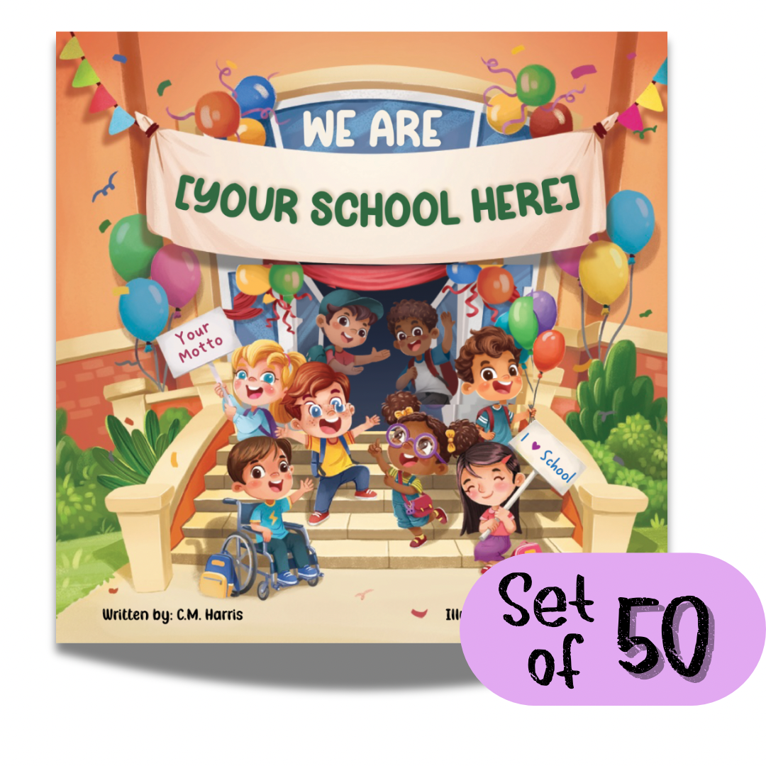 Book cover with children on steps and 'We Are [Your School Here]' banner, set of 50.