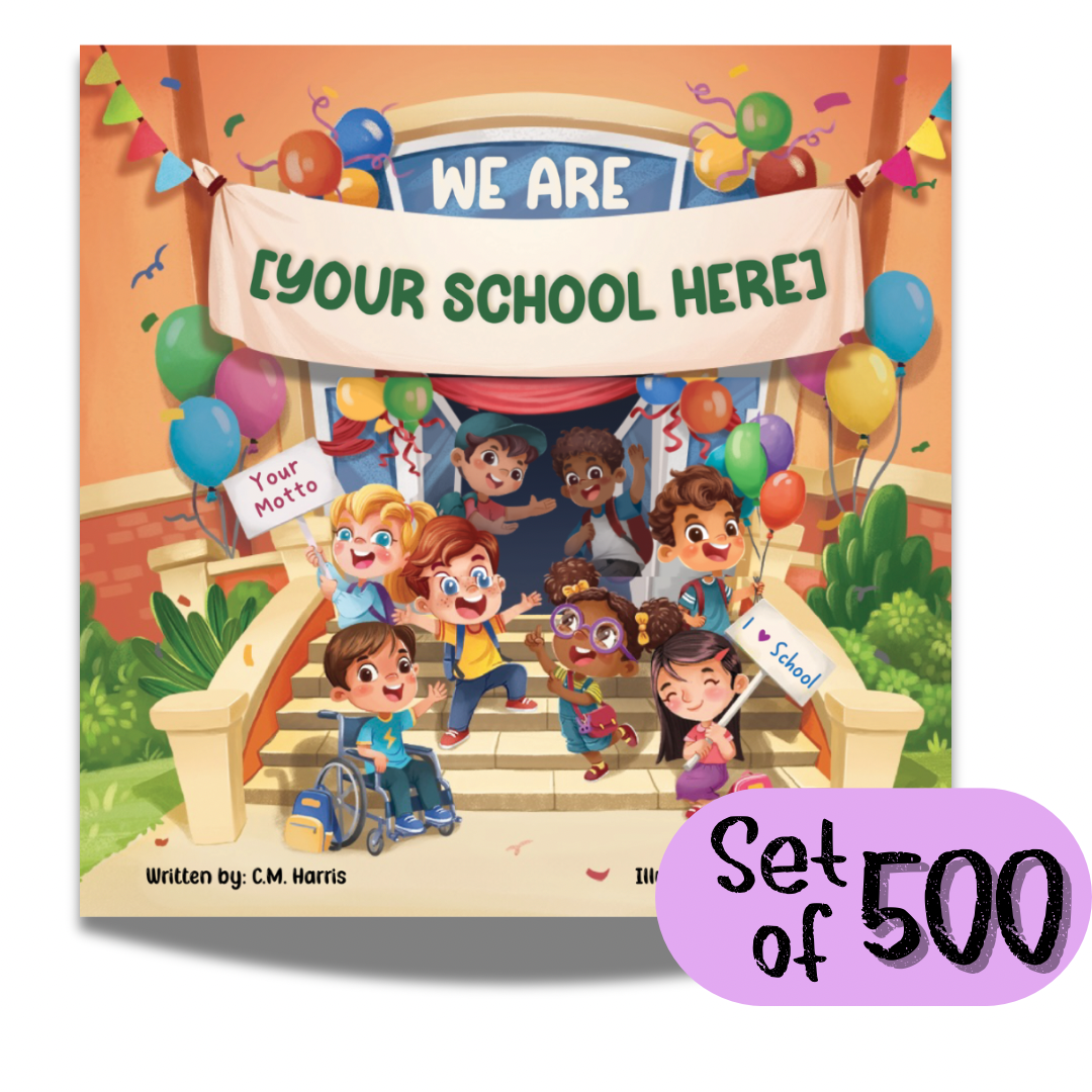 Book cover with children on steps and 'We Are [Your School Here]' banner, with a set of 500 label.