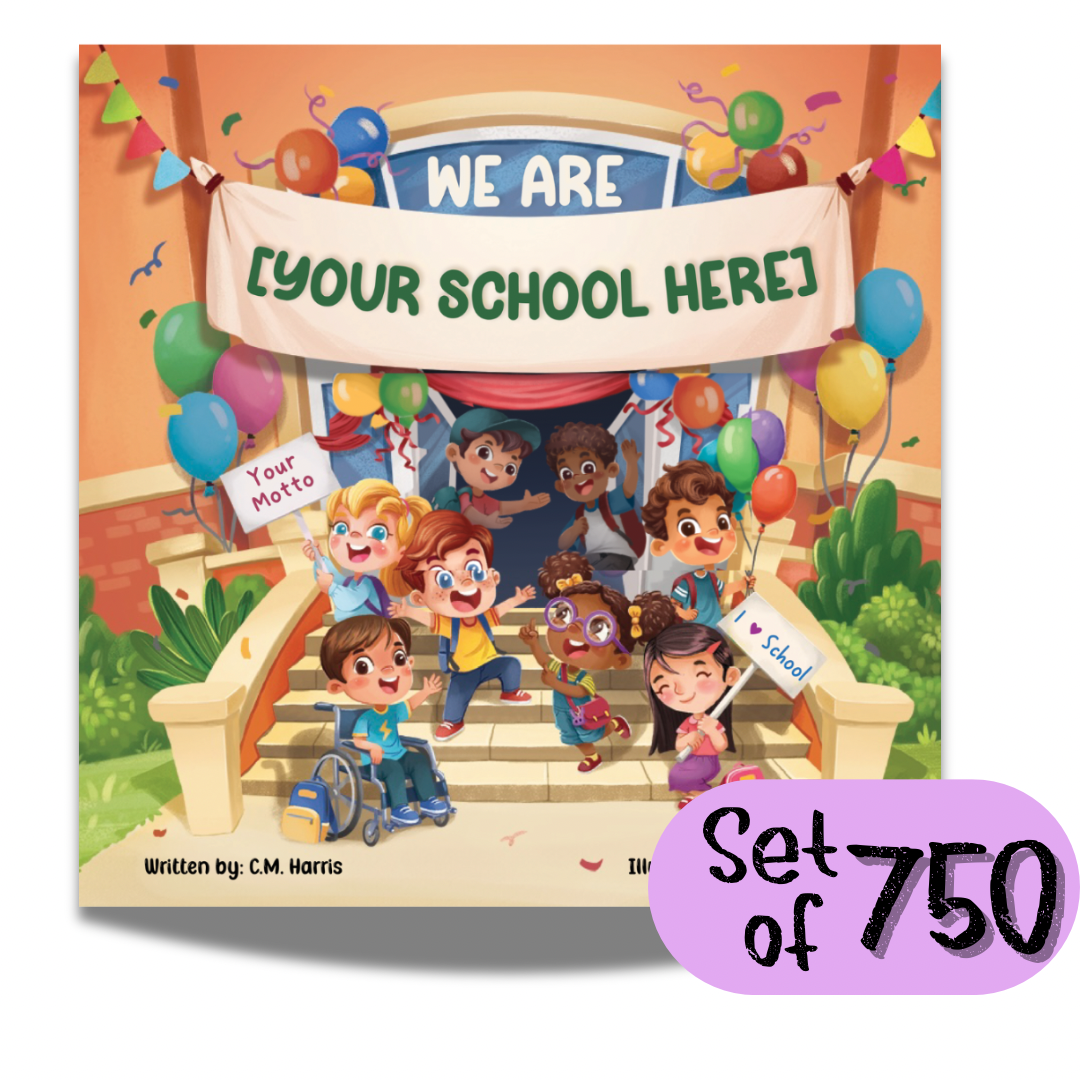 Book cover with children on steps and 'We Are [Your School Here]' banner, with a set of 750 label.