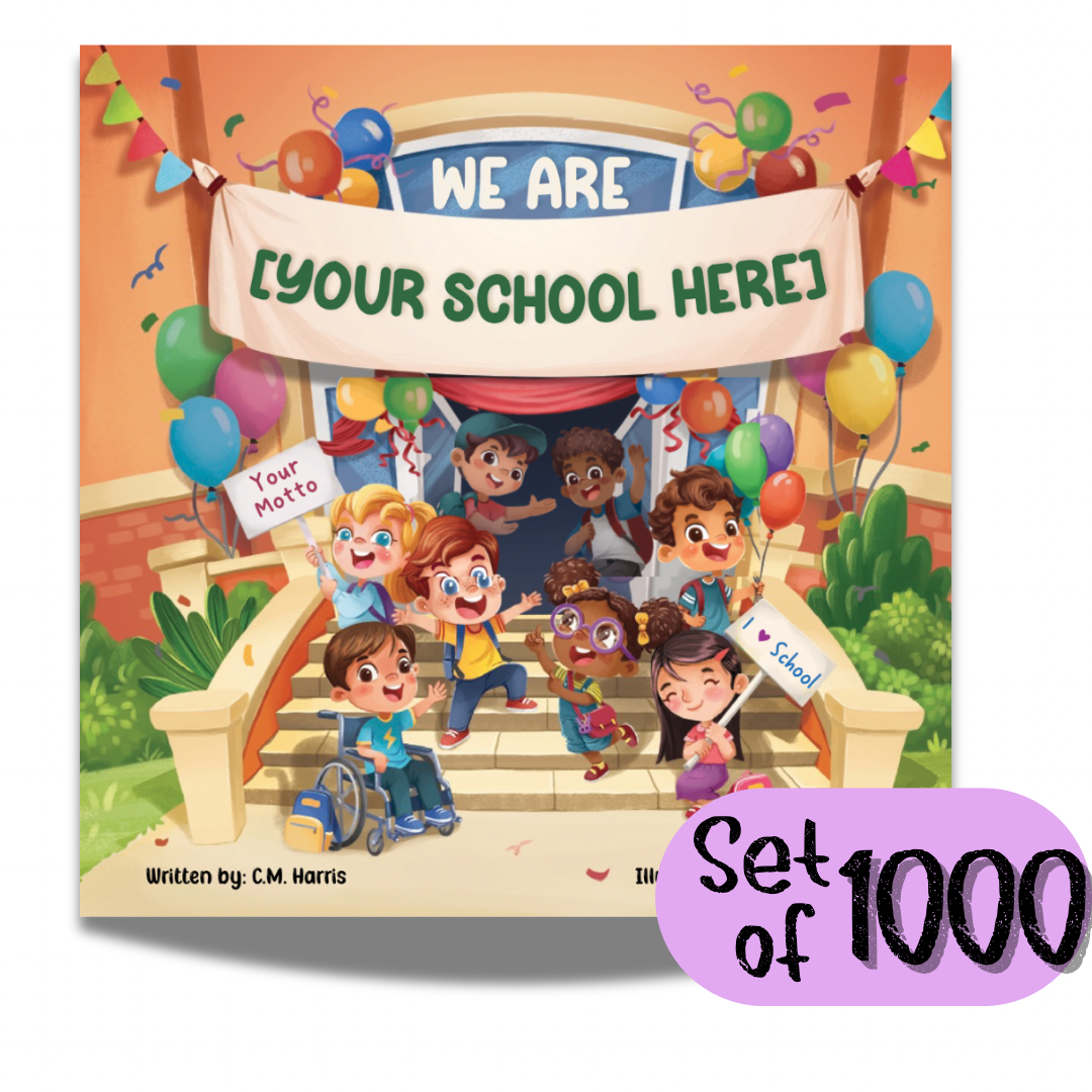 Book cover with children on steps and 'We Are [Your School Here]' banner, with a set of 1000 label.