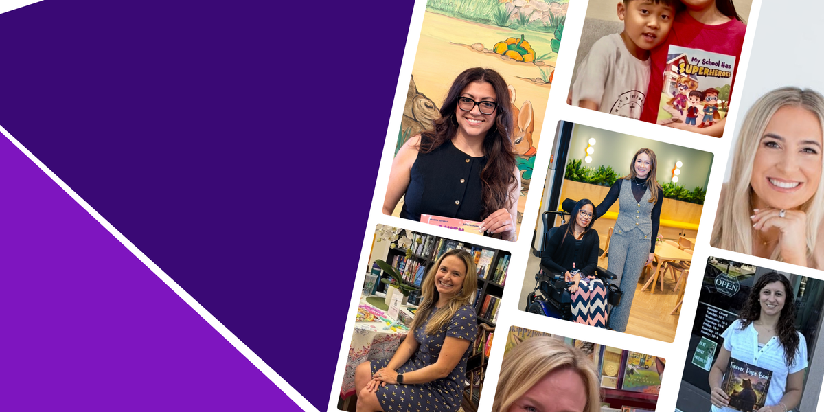 A promotional collage featuring multiple photos of women in various settings, including reading aloud to children, working at a desk, and smiling, set against a purple and white graphic background.