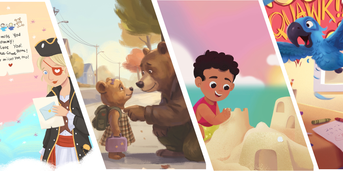 A four-panel cartoon illustration collage with whimsical scenes: a girl in a pirate outfit holding a map, a bear and child sharing a hug, a child building a sandcastle at the beach, and a blue parrot reading a book.