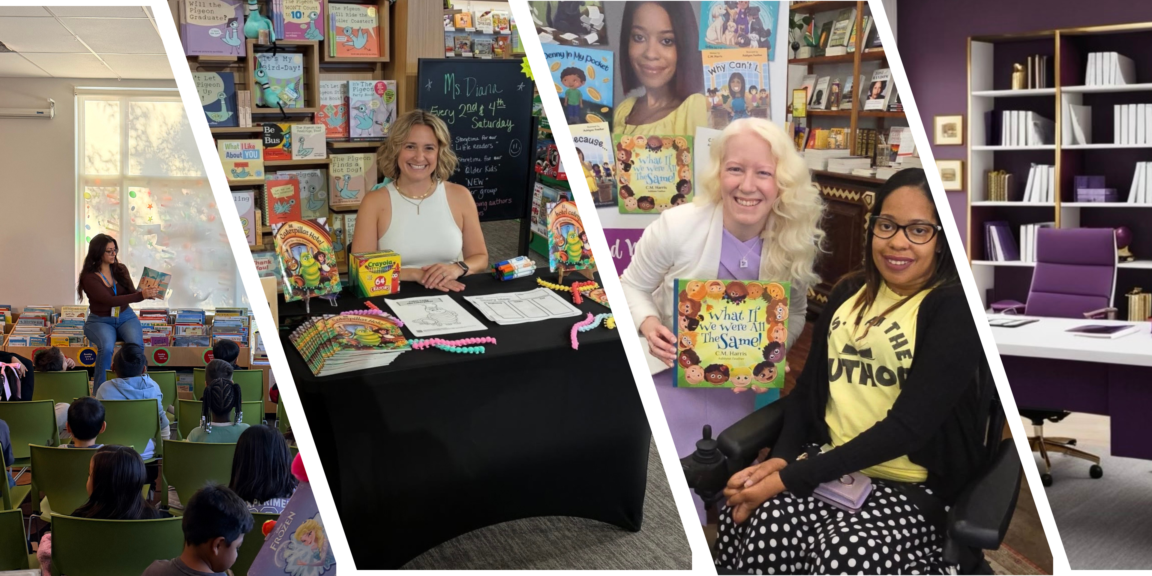 A four-panel collage showing book-themed events and people in an office/library setting. The panels include a classroom scene with children and adults, a woman standing behind a table with books and a sign, two women smiling while holding children's books, and a woman seated at a desk with bookshelves behind her.
