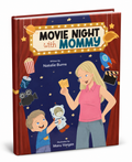 A children's hardcover book titled 'Movie Night with Mommy' by Natalie Burns, illustrated by Maru Vargas. The cover features a dark blue starry night sky background with cartoon illustrations of a woman in a pink shirt holding popcorn and ticket stubs, a boy in a blue shirt holding an astronaut toy, and various movie-themed items like a clapperboard, rocket, and popcorn bucket.