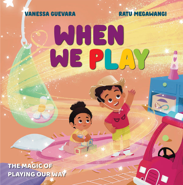 Book cover of 'When We Play' with two children playing and colorful text.